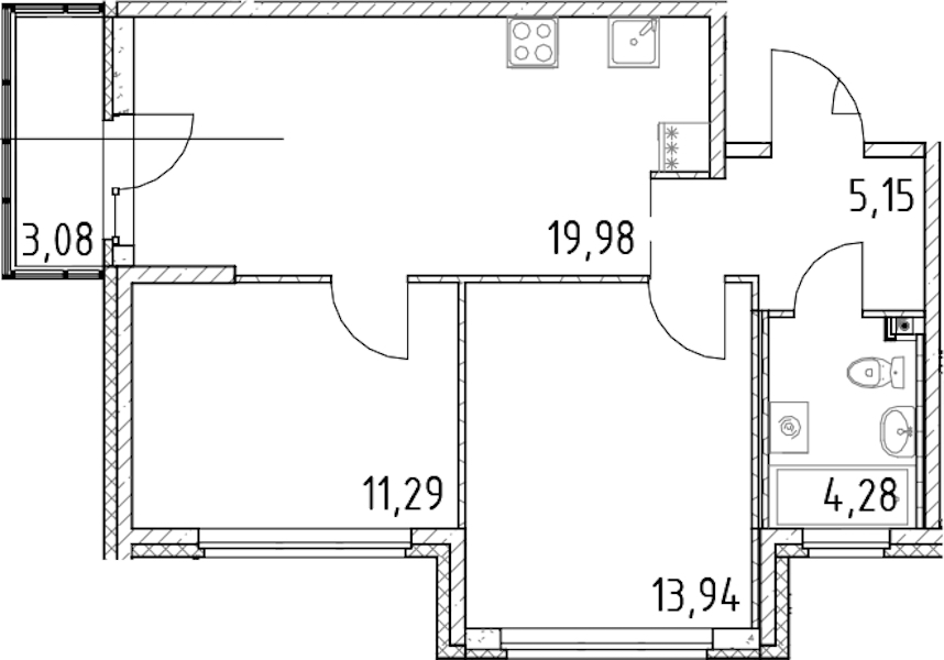2-комнатная квартира 54.64 м², 13/23 эт., ЖК «Город Первых»